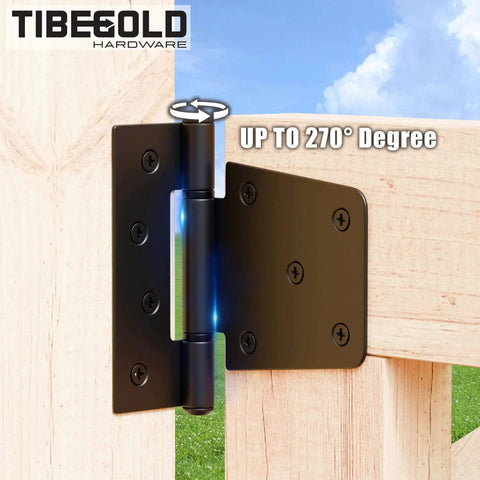 Heavy Duty Gate Hinges Black Iron T Strap Hinges for Barn Doors and Fences 2 Pack installed on wooden gate showing 270° rotation