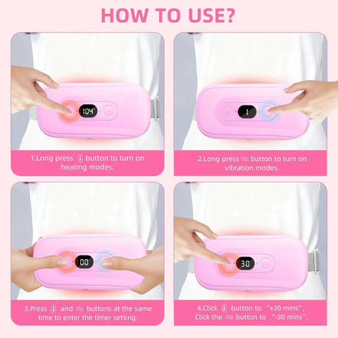 Cordless Heating Pad For Period Cramps With 6 Heat Levels And 6 Vibration Modes 2 Timer Settings Fast 3 Second Heat Up Go To Portable Massage Pad For Menstrual Pain Relief Pink Gift Idea For Mothers Day usage instructions shown.