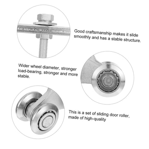 Close-up view of Heavy-Duty Sliding Door Track Roller Wheel With Smooth Operation And High Load Capacity For Industrial And Residential Doors, Durable Sliding Door Hardware For Wood Or Metal Tracks, Easy Glide, Quiet Performance, showing craftsmanship and wider wheel diameter.
