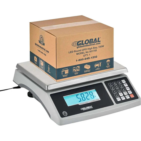 Heavy Duty Weight Counting Scale With LCD Display 60 Lb Capacity 0.002 Lb Readability Industrial Counting Scale With RS 232 Eleven And Five Eighths Inch By Thirteen And One Half Inch Platform Fast Accurate Box And Part Counting, showing a box on scale with a digital reading.