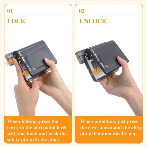 Hands operating 10 Hole Punch Binding Machine For Planners With 10 Color Binder Rings in lock and unlock positions, black.