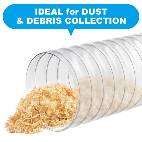 Heavy Duty 4 Inch By 50 Foot PVC Dust Collection Hose, Flexible Clear Debris And Fume Hose with wood shavings inside hose