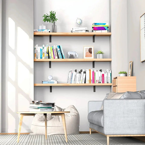 Living room with bookshelves supported by Heavy Duty 10 Inch L Shaped Shelf Brackets 6 Pack, holding books and decor.