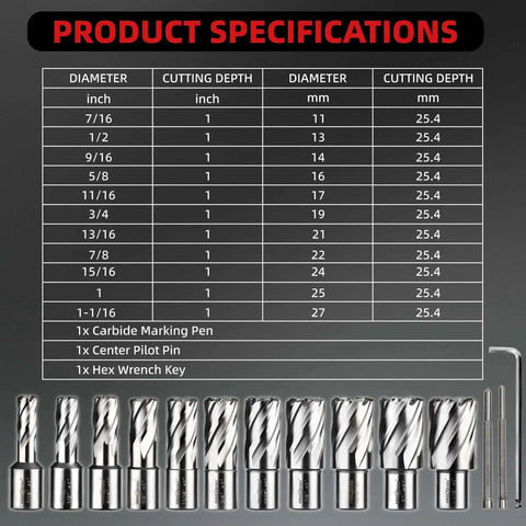 Premium HSS Annular Cutter Set For Magnetic Drill Press, 14 Pcs, M2 High Speed Steel, includes size and depth chart