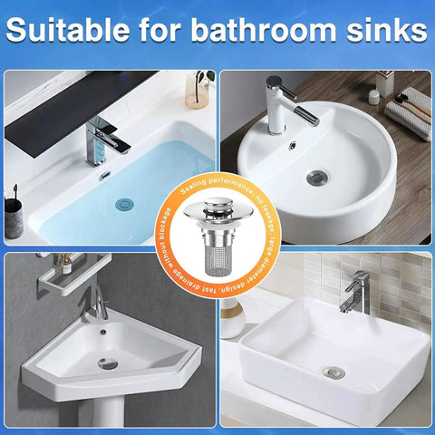 Two Pack Pop Up Sink Drain Hair Catcher With Removable Stainless Strainer Basket installed in various bathroom sinks