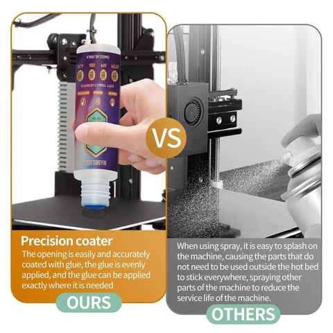 Comparison of using Heavy Duty 3D Printer Adhesive Glue For Hot Bed Bonding vs spray on 3D printer bed, showing controlled application with glue.