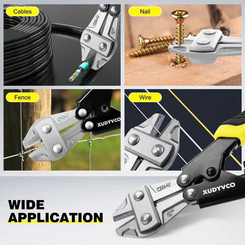 Heavy Duty 8 Inch Bolt Cutter for Wire and Cable Cutting with Non Slip Handle and Labor Saving Spring Loaded Mechanism, shown cutting cables, nails, fence, and wire with label XUDYVCO.