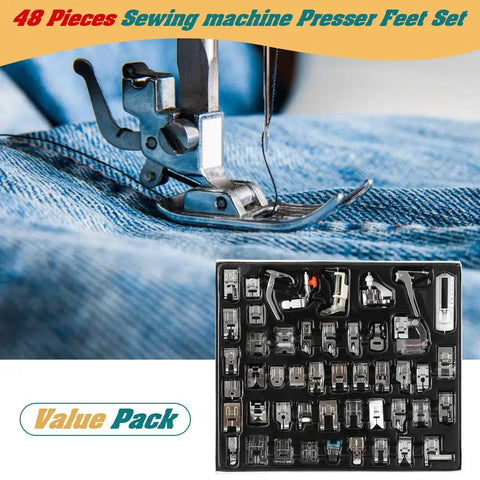 Front view of a 48-piece metal sewing machine presser feet set in a black tray, displayed on denim fabric