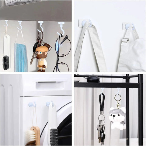 Heavy Duty Magnetic Hooks 30 Lbs Capacity 10 Pack displayed in use on various surfaces holding keys, bags, and accessories.