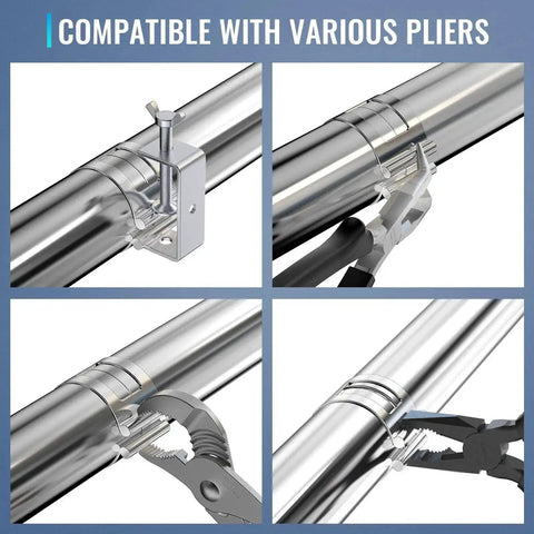 Dual Size Clamp On Set With 2.5 Inch And 3 Inch Universal Welding Clamps For Exhaust Pipe Repair And Fabrication, shown with pliers