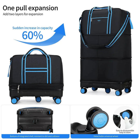Expandable Detachable Wheel Rolling Duffle Bag With Expandable Capacity For Travel Road Trip Ready Large Carry On Luggage