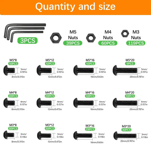 Extensive 439 Piece Metric Bolt and Nut Kit with M3 M4 M5 Screws Lock and Flat Washers Pro Grade 10.9 Alloy Steel chart