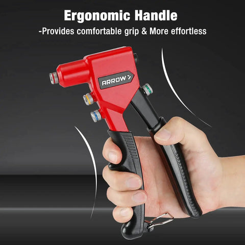 Pro Grade Hand Riveter Kit With Four Interchangeable Heads For 3 32nd Inch, 1 8th Inch, 5 32nd Inch, And 3 16th Inch Rivets Includes 100 Rivets (25 Each) For Metal, Gutter, And Automotive Work, shown with ergonomic handle for comfort.