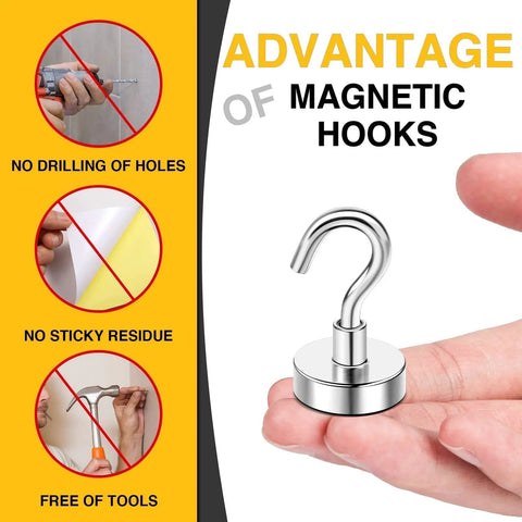 Hand holding DIYMAG 10 Pack Magnetic Hooks 30lb Heavy Duty N52 Magnets, no drilling, sticky residue, or tools needed.