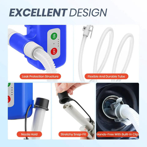 Features of Electric Fuel Transfer Pump With Auto Stop Sensor And Leak Protection 3 GPM, including flexibility, leak protection, and nozzle hold.