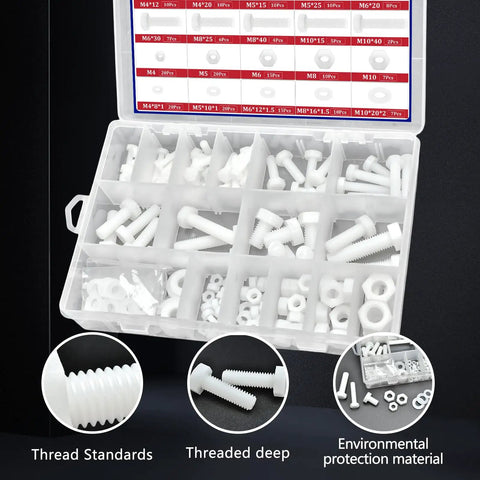 M4 M5 M6 M8 M10 White Nylon Hex Bolt Nut Washer Kit With 216 Pieces for DIY Electronics Makers in plastic case