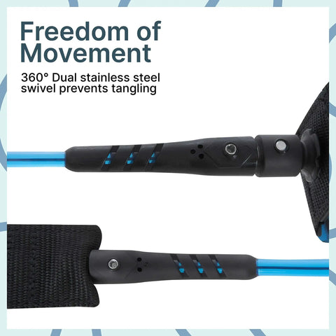 Close-up of Storm 8mm Surfboard Leash 8 Ft Premium Leg Rope With No Rusting Stainless Steel Swivels in Koru Dark Blue