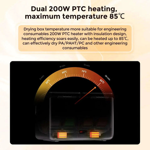 Space Pi X4 Filament Dryer Box temperature gauge showing dual 200W PTC heating up to 85C for filament drying efficiency.