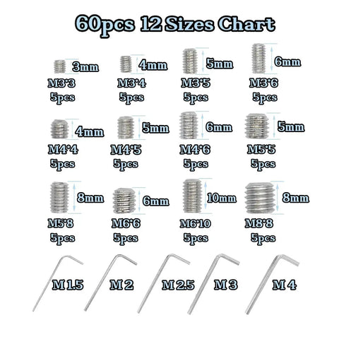 60 Piece Set Of Allen Head Grub Screws M3 To M8 In Stainless Steel Pro Grade For Home Repair Door Lock Install Furniture Fix Electronics DIY Projects And More 12 Sizes shown with corresponding hex wrenches.
