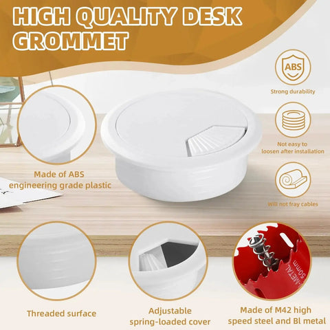 Desk Grommet Set 2 Inch White ABS Plastic Hole Covers For Cables Includes 10 Pieces And A 2 Inch Hole Saw on wooden desk