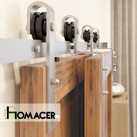 Close-up of Brushed Nickel Single Track Bypass Sliding Barn Door Hardware Kit For Double Doors, 6Ft Flat Track, installed on wood door