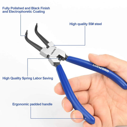 Close-up of 7 Inch Snap Ring Pliers with bent jaws and blue ergonomic grips, highlighting black finish and spring-loaded handle.