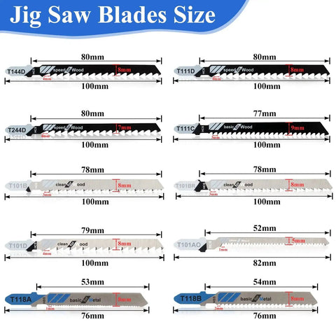 10 Piece Jigsaw Blades Set With T Shank For Wood Metal And Plastic Cutting, Assorted Models T101AO T101D shown with sizes