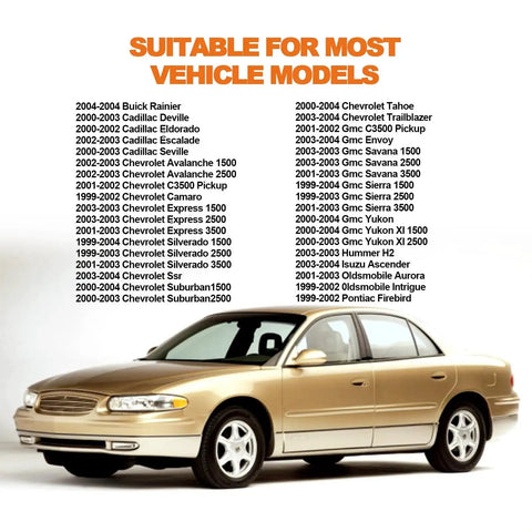 List of compatible vehicle models with a beige sedan parked in front, showing applicability of the Vapor Canister Purge Valve Solenoid For Chevy Silverado Tahoe GMC.