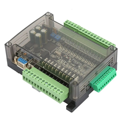 DC24V PLC Controller with 32-bit MCU, 100kHz pulse, 14 digital inputs, 10 transistor outputs, DIN rail mountable, clear casing shown