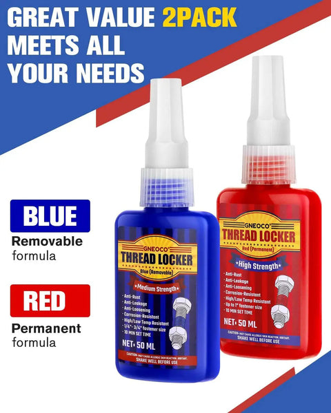 Blue And Red Thread Locker Kit For Nuts Bolts And Fasteners, Medium And High Strength Workhorse Anaerobic Curing Glue, Dual Pack