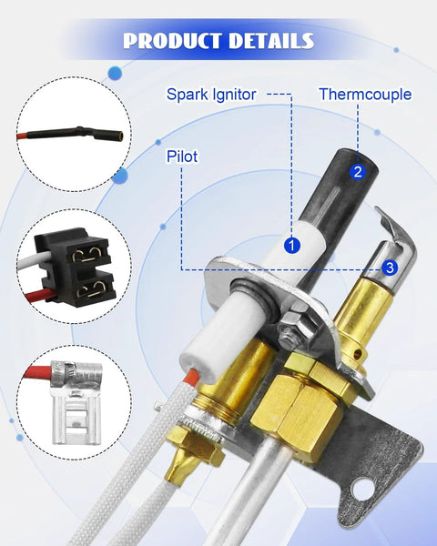 Water heater pilot assembly with spark ignitor and thermocouple for Reliance/AO Smith/Whirlpool/State/American heaters.