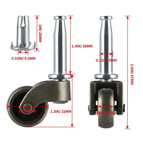 Swivel Stem Caster One Inch Wheel Zinc Alloy With Socket Replacement For Coffee Tables Chests Of Drawers Nightstands And Ottomans 360 Lb Load Capacity Elevates By About One Point Three Inches Wheel Diameter One Inch Stem Diameter Three Eighths Inch, front and side view with measurements.