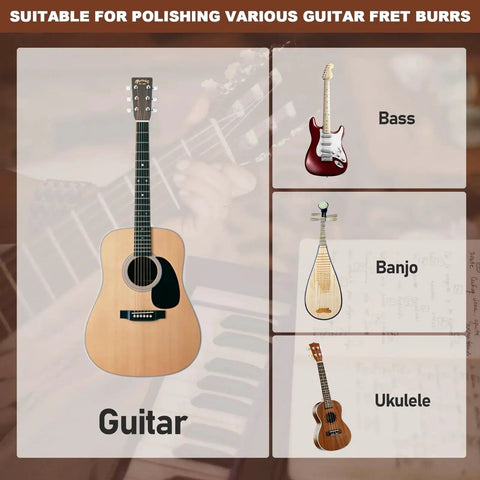 Guitar Fret Bevel File 4 In 1 With Fret Bevel Angles 3 Degrees 23 Degrees 35 Degrees And 90 Degrees For Fret Sprout Removal Deburring Crowning Rounding Luthier Tool For Precise Fret Edges And Smooth Playability That Pros Love display with guitar, bass, banjo, ukulele.