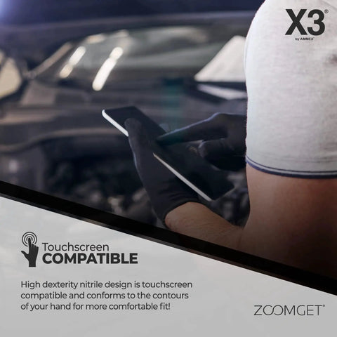 Person wearing Black Nitrile Disposable Gloves 3 Mil Powder Free Food Safe X Large using touchscreen device in garage.