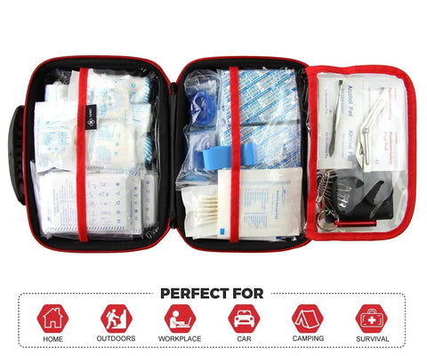 Open Compact First Aid Kit With 228 Pieces For Family Emergency Care In Waterproof EVA Case Red For Car Home Boat School Camping Hiking Office And Sports In Any Weather, showing organized supplies.