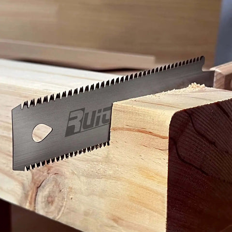 6 Inch Japanese Pull Saw Ryoba for woodworking cutting through wood with double edge SK5 blade, close-up of teeth in action