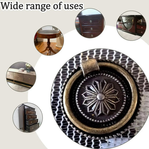 Antique Round Drawer Pulls Vintage Style Knobs for Furniture Cabinet Cupboard Dresser Bronze Finish shown with furniture examples