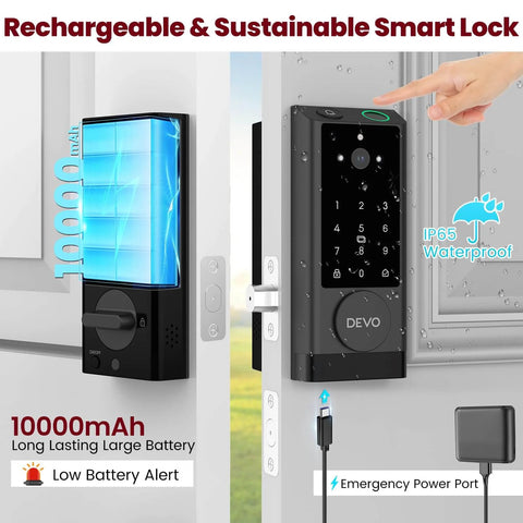 Next Level Smart Lock With Camera And Doorbell, 6 In 1 Keyless Entry For Front Door Featuring Fingerprint, black, on door, showing recharge port.
