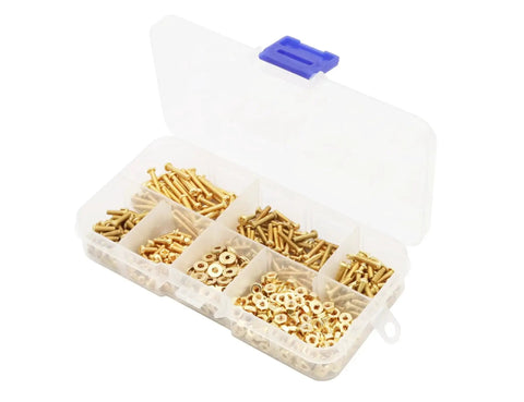 600 Pieces M2.5 Phillips Copper Yellow Machine Screws Assortment Kit With Nuts And Flat Washers in plastic storage box