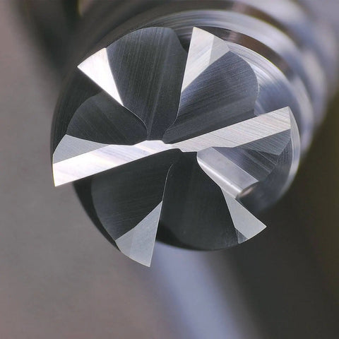 Close-up of a Carbide End Mill Six Flute 3/8 Inch Shank for precision machining of alloy steel, cast iron, hardened steel