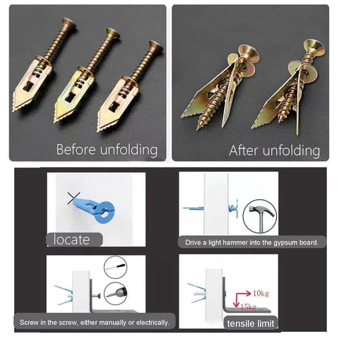 Bulk Self Drilling Drywall Anchors With Screws Kit 500 Pieces Holds Up To 66 Lbs For Picture Frames Shelves Lamps Clocks And More No Drill Needed 0.47x1.57 Inch Size Fits Three Eighths Inch One Half Inch Or Five Eighths Inch Gypsum Wallboard Ideal Home, detailing installation steps and load capacity.