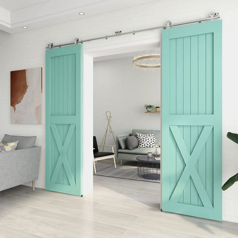 Top Mount Stainless Steel Barn Door Hardware Kit For Double Wood Doors Heavy Duty Sliding Track System installed in living room.