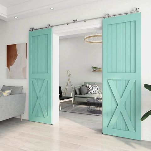 Top Mount 10 Foot Sliding Barn Door Hardware Kit In Stainless Steel Heavy Duty Track For Double Wood Doors installed view