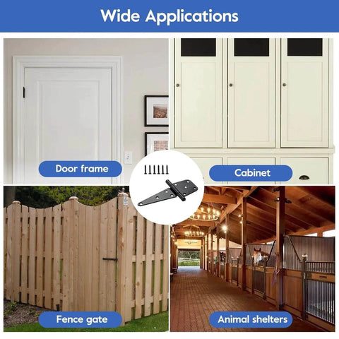 6 Inch T Strap Gate Hinges Heavy Duty With Screws 4 Pack Black Coated Steel for various outdoor applications, doors, cabinets, fences.