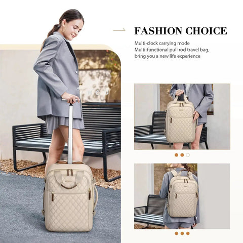 Woman with Rolling Laptop Backpack For Women With Wheels Apricot Travel Carry On Backpack Fits 17 Inch Laptops 35L Main Compartment