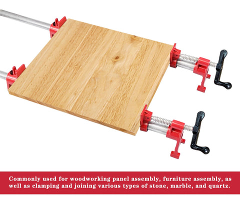 HimaPro 3/4 inch H-style pipe clamps, red with black handles, two clamps securing a wooden panel.