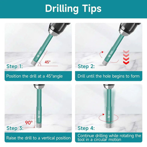 Instructional image showing drilling tips for using Three Eighths Inch Diamond Hole Saw for Tile and Glass with cordless drill.
