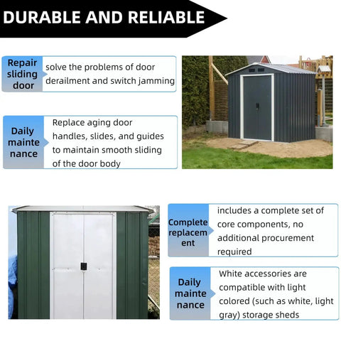 DK100 A Shed Door Full Kit Door Tune Up Kit Replacements Parts For Sliding Shed Doors Hardware Kit With Black Handle shown with sheds