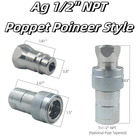 1/2 Inch Hydraulic Quick Connect Tractor Couplers With Red Dust Caps Poppet Valve Pioneer Style ISO 5675, measurements shown