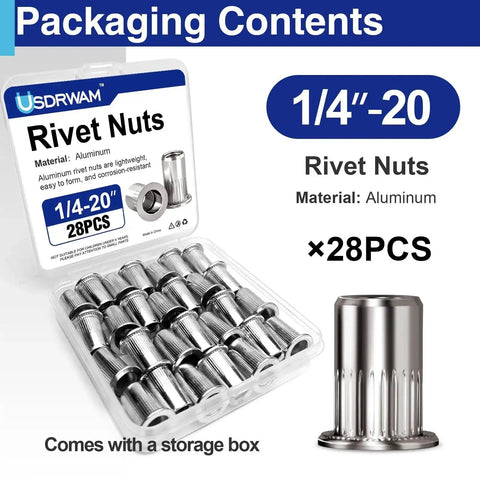1/4-20 Aluminum Rivet Nuts Set With Threaded Inserts Rivnuts UNC Nutserts, Lightweight Aluminum Fasteners, 28 Pieces